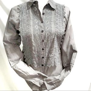Johnny Was Gray Embroidered Eyelet Button Up